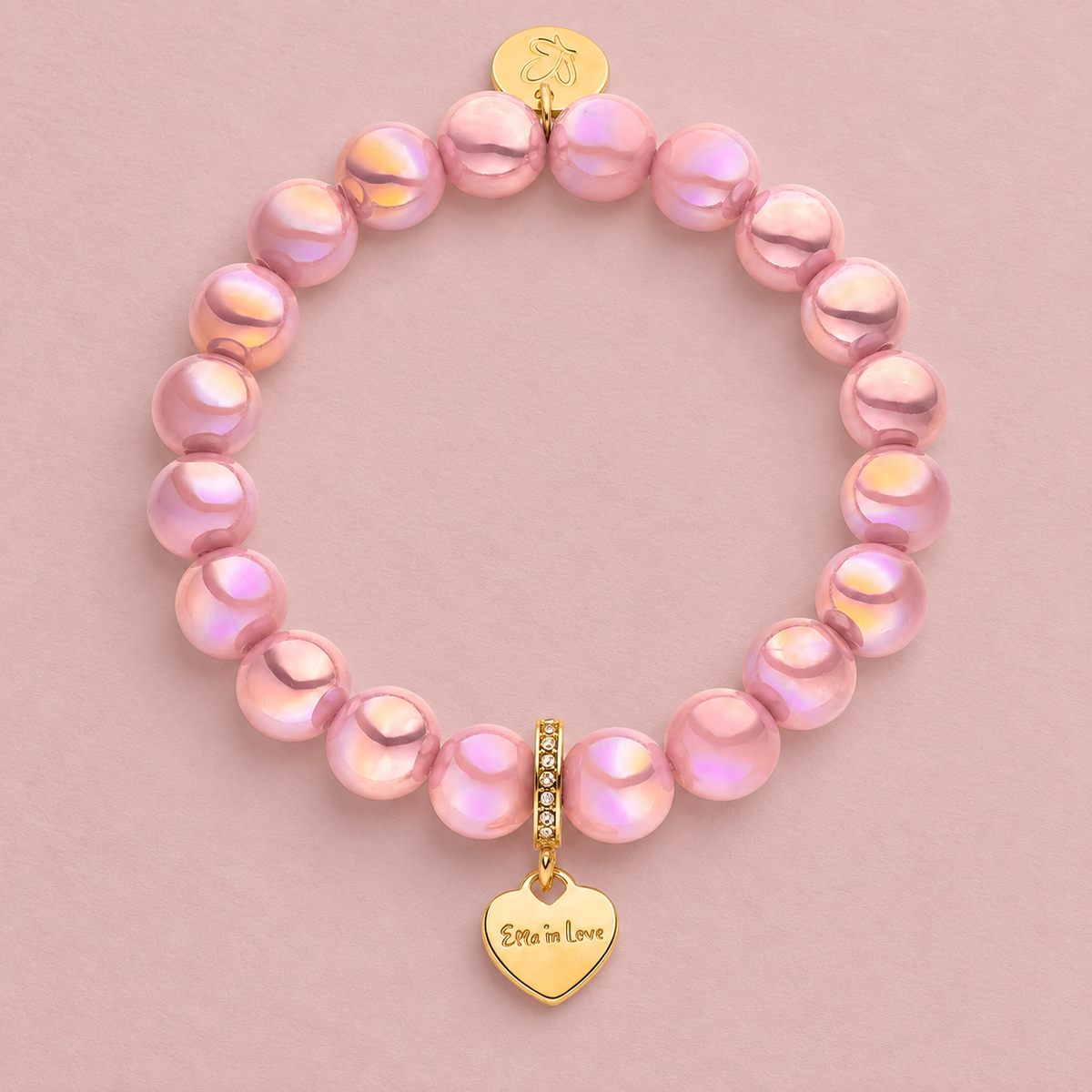 Perlenarmband mit Herzanhänger Rosa mit 3D Intensiv Glow Effekt 10mm