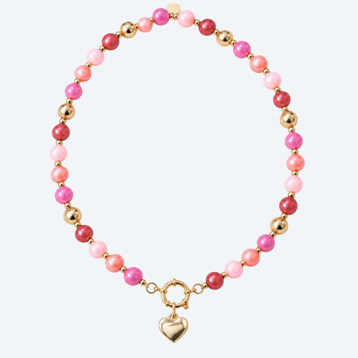 Perlenhalskette Rosa–Gold mit Herz-Charm – Perlenmix 10 mm