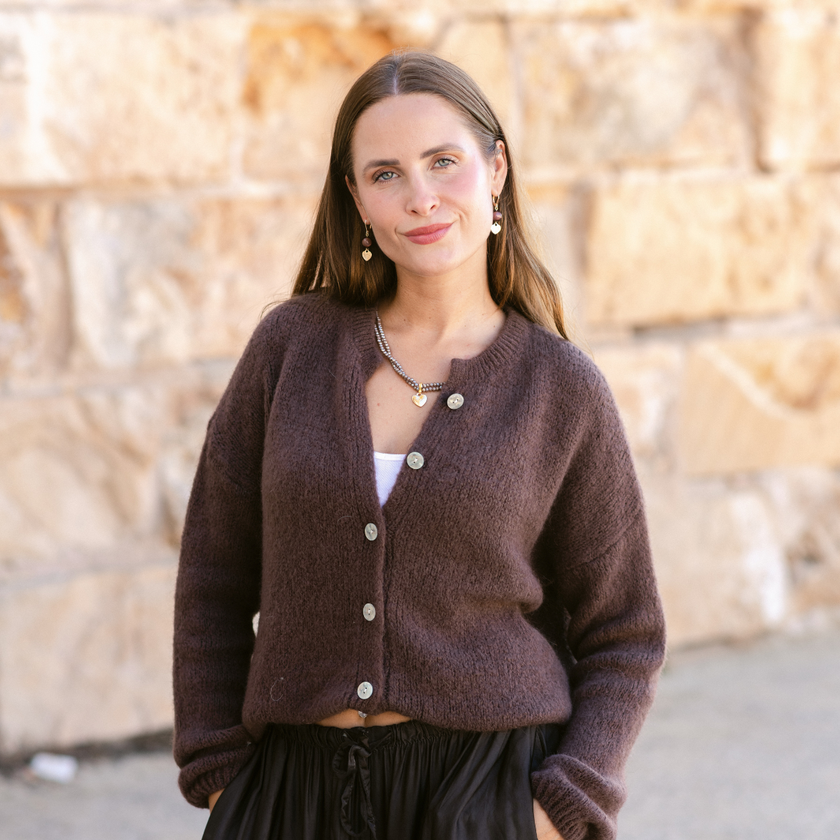 Damen-Strickjacke Schokobraun aus Mohair-Wollmix – One Size