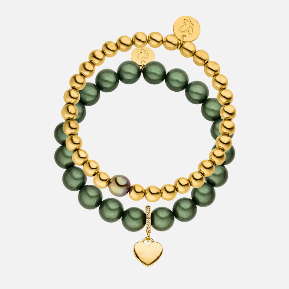 Perlenarmband Set 14K Vergoldet Olivgrün mit 3D Matt Glow Effekt
