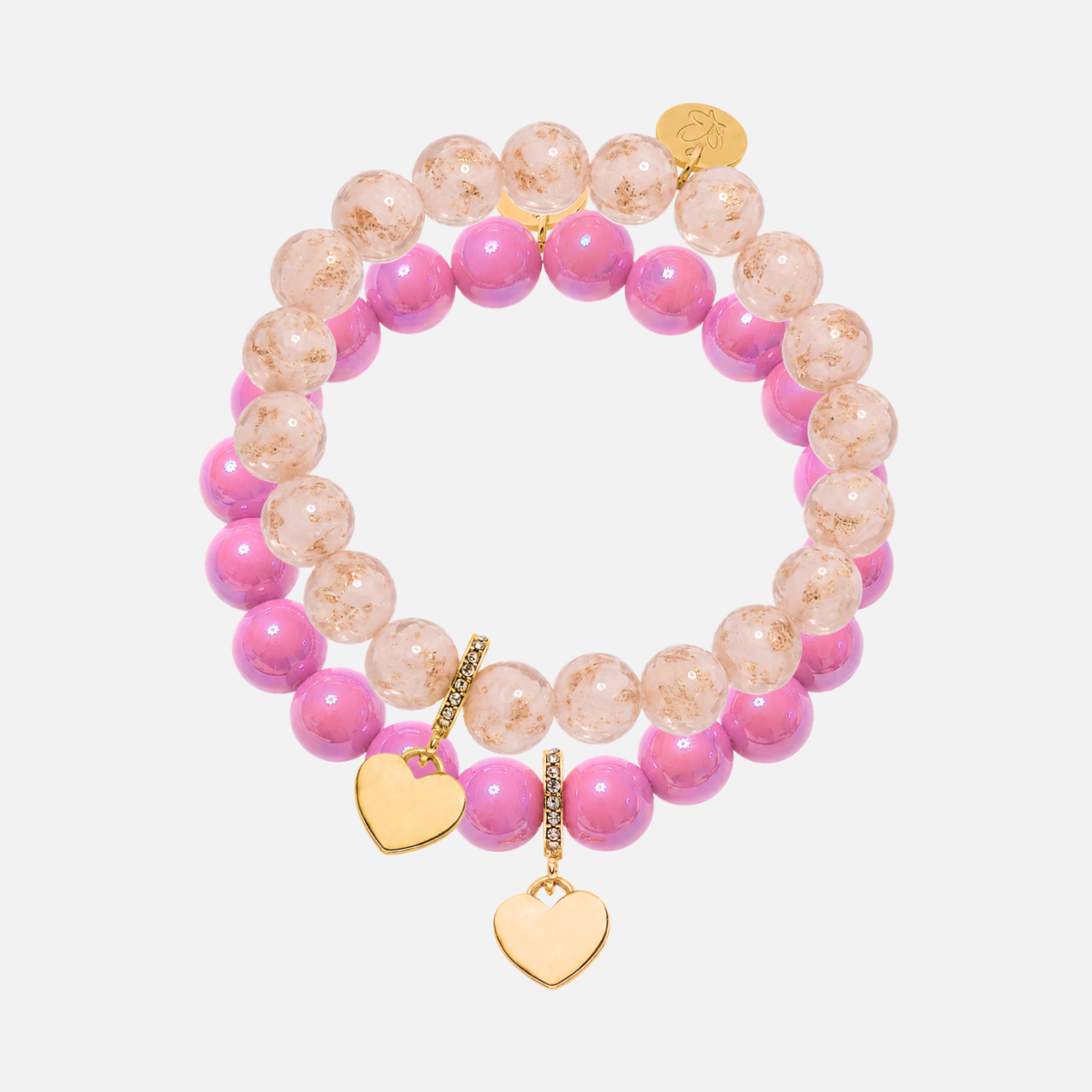 Perlenarmband-Set Vintage Rosa & Porzellan Rosa mit Herzanhängern – 10 mm