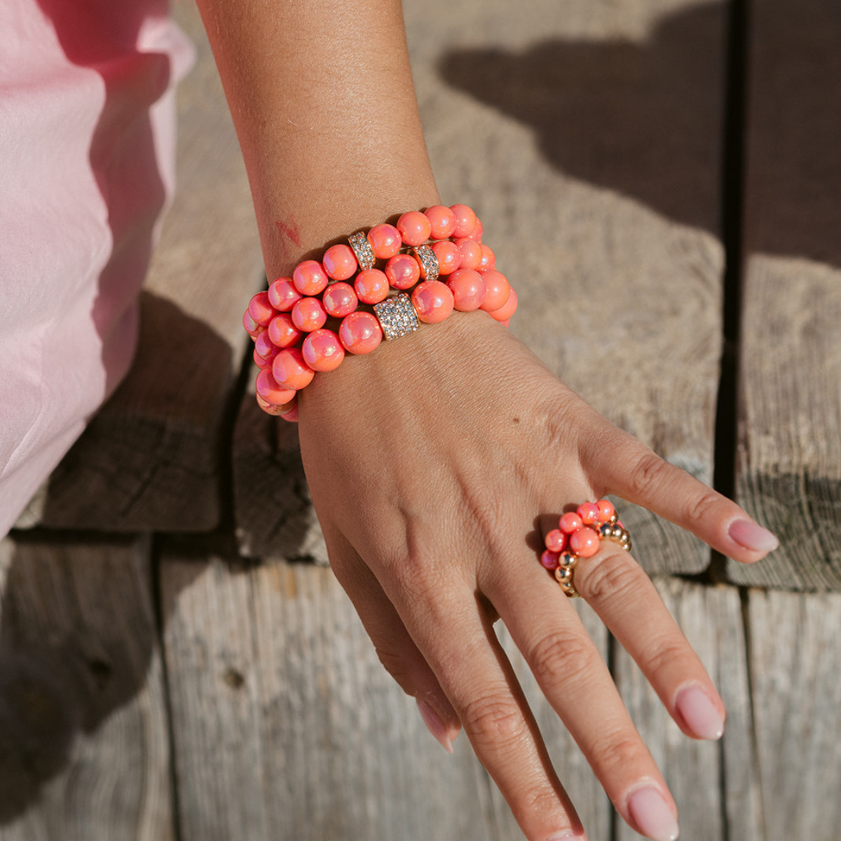 Perlenarmband Set 14K Vergoldet Koralle mit 3D Intensiv Glow Effekt