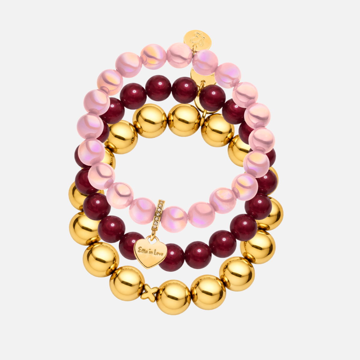 Statement-Armband-Set Weinrot mit Herz – Trachtenliebe – 3-teilig, 10 & 12 mm