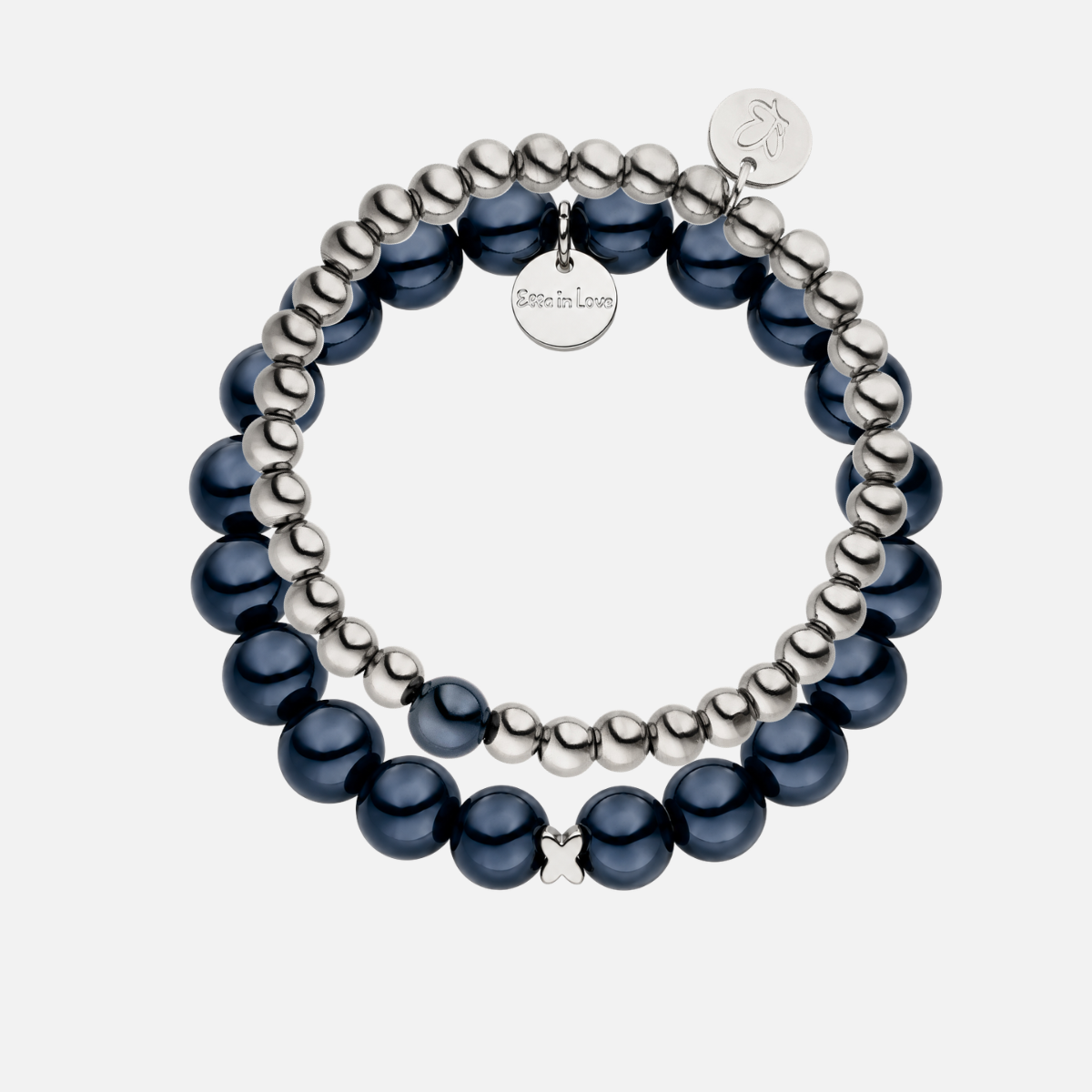 Perlenarmband-Set Schwarz–Silber mit Schmetterling – 3D Intensiv Glow 10 mm & versilbert 6 mm