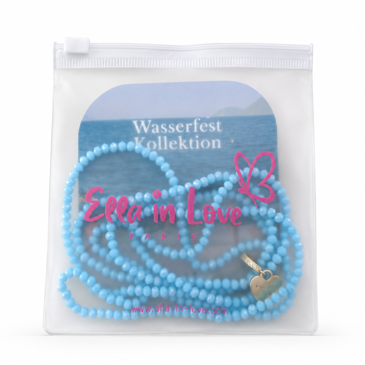 Perlenhalskette Türkis Elastisch mit Herz-Charm Gold | Wasserfest