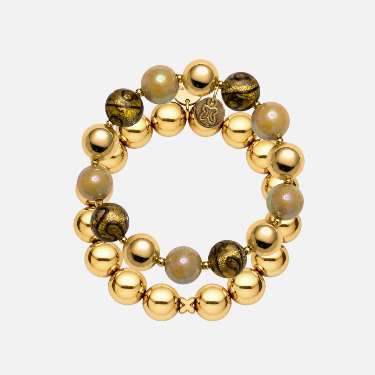 Perlenarmband-Set Marmor–Gold – Perlenmix & 14K vergoldet, 12 mm