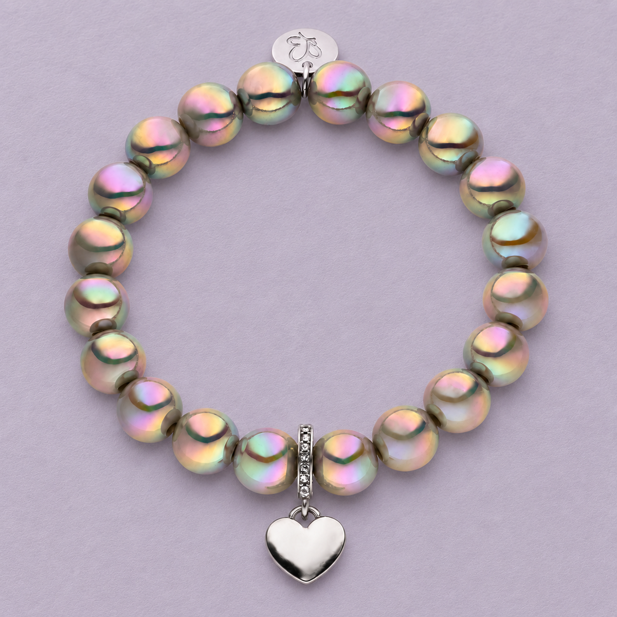 Perlenarmband mit Herzanhänger Hellgrau mit 3D Intensiv Glow Effekt 10mm