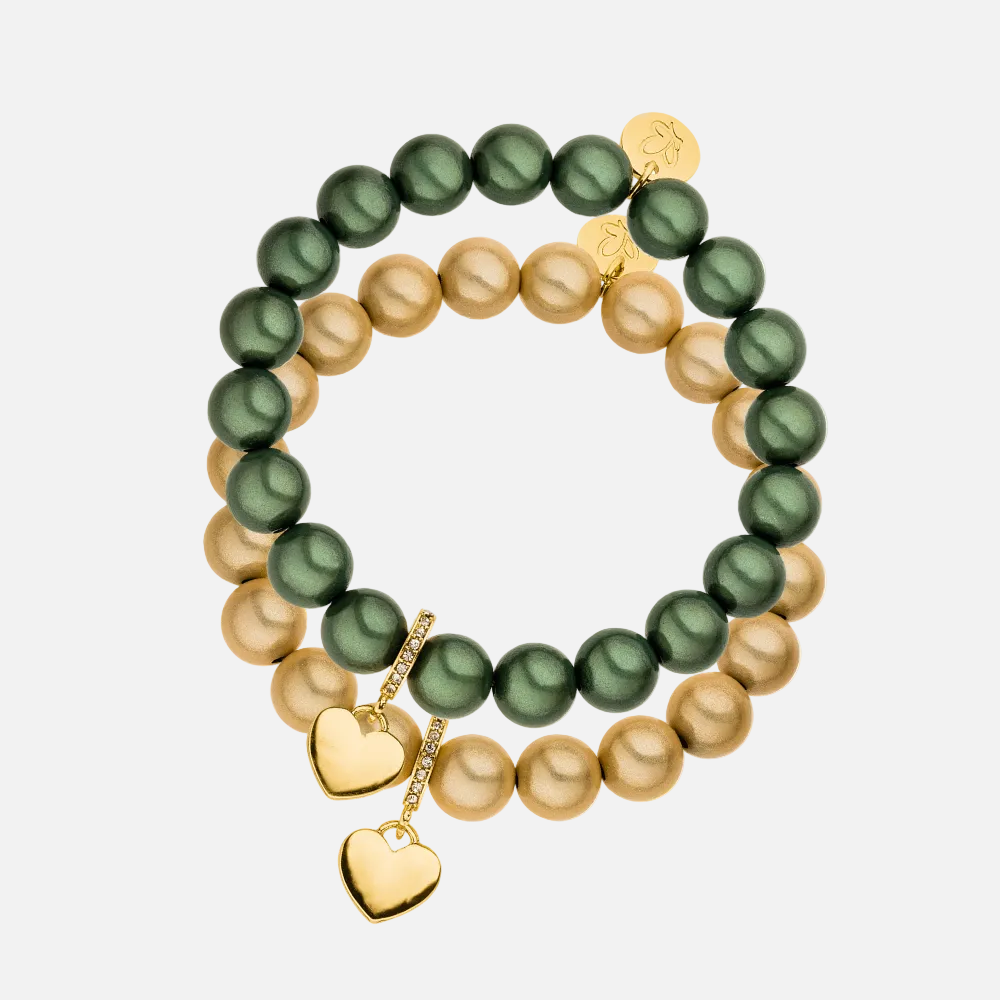 Perlenarmband Set mit Herzanhänger Champagner & Olivgrün mit 3D Matt Glow Effekt