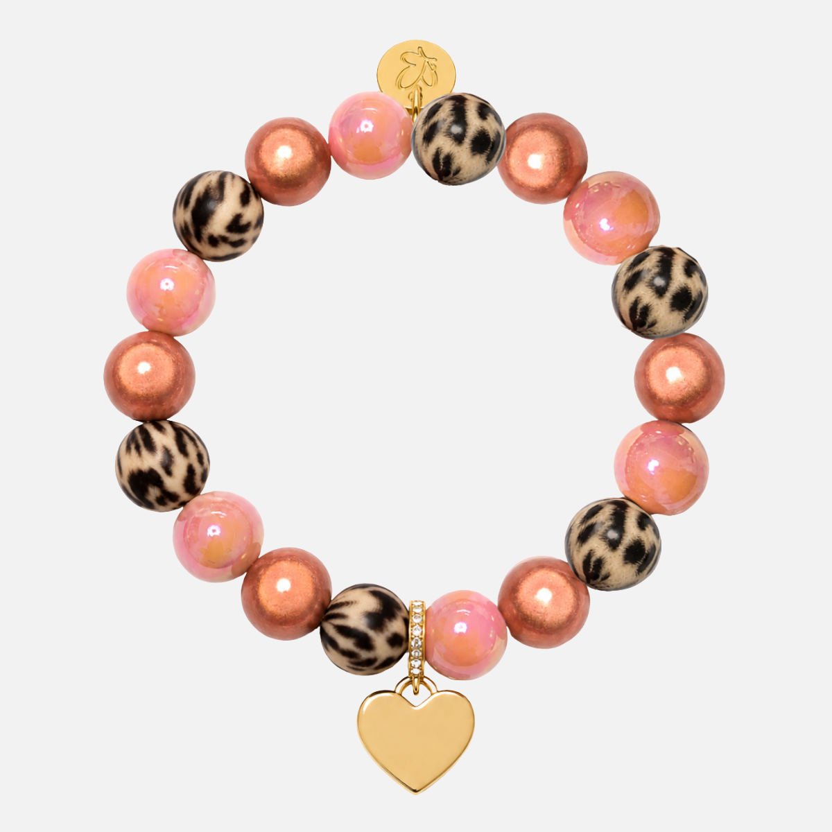 Perlenarmband Leo & Rosa mit Herzanhänger – Perlenmix 12mm