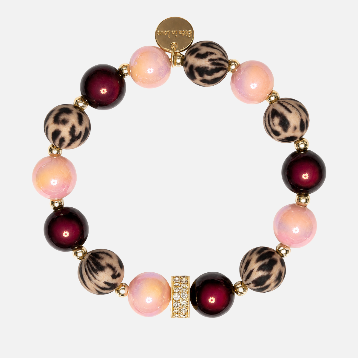 Perlenarmband Leo, Rosa & Burgundy mit Glitzer-Charm – Perlenmix 12mm