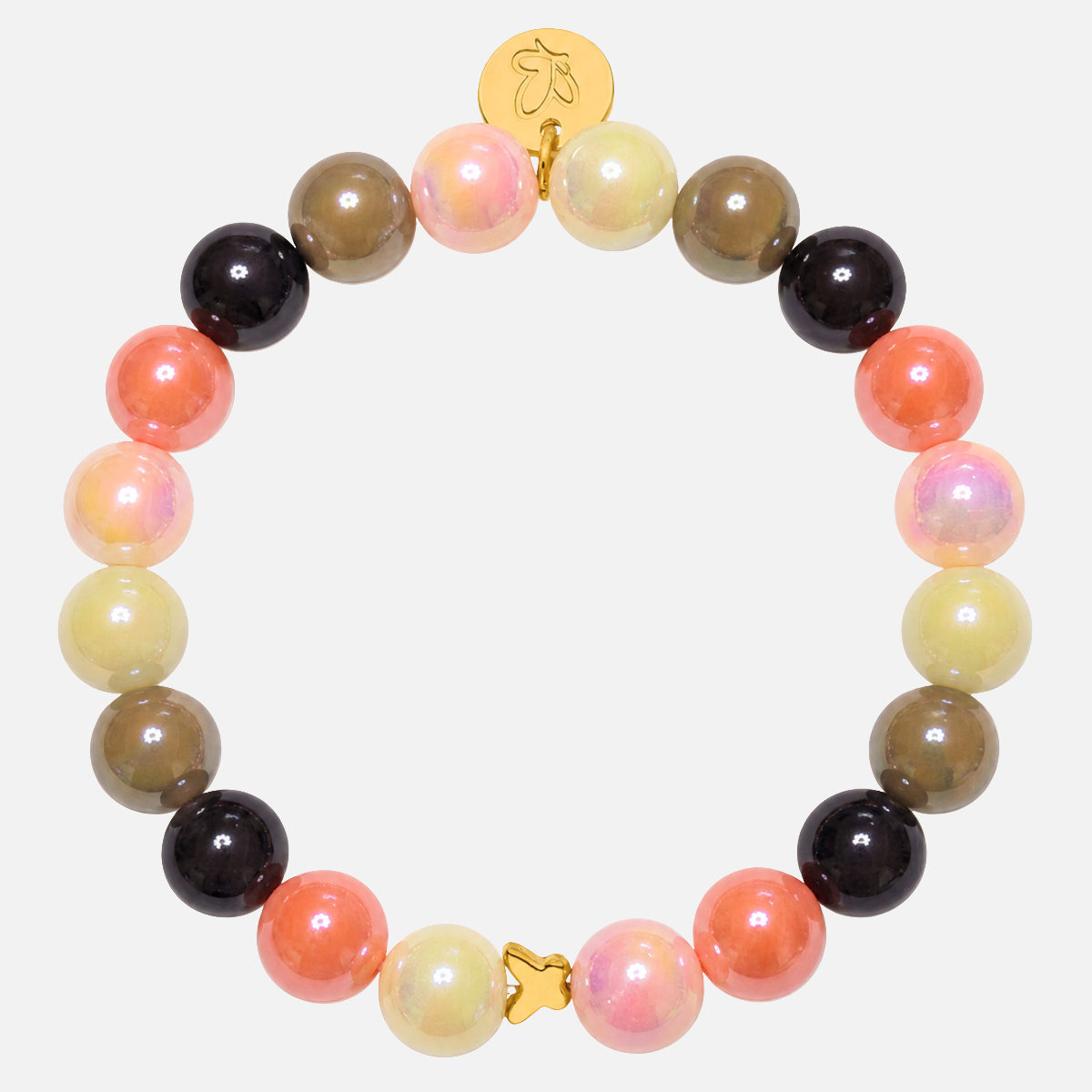 Perlenarmband Rosa, Braun & Champagner mit Schmetterling – 3D Intensiv Glow 10mm