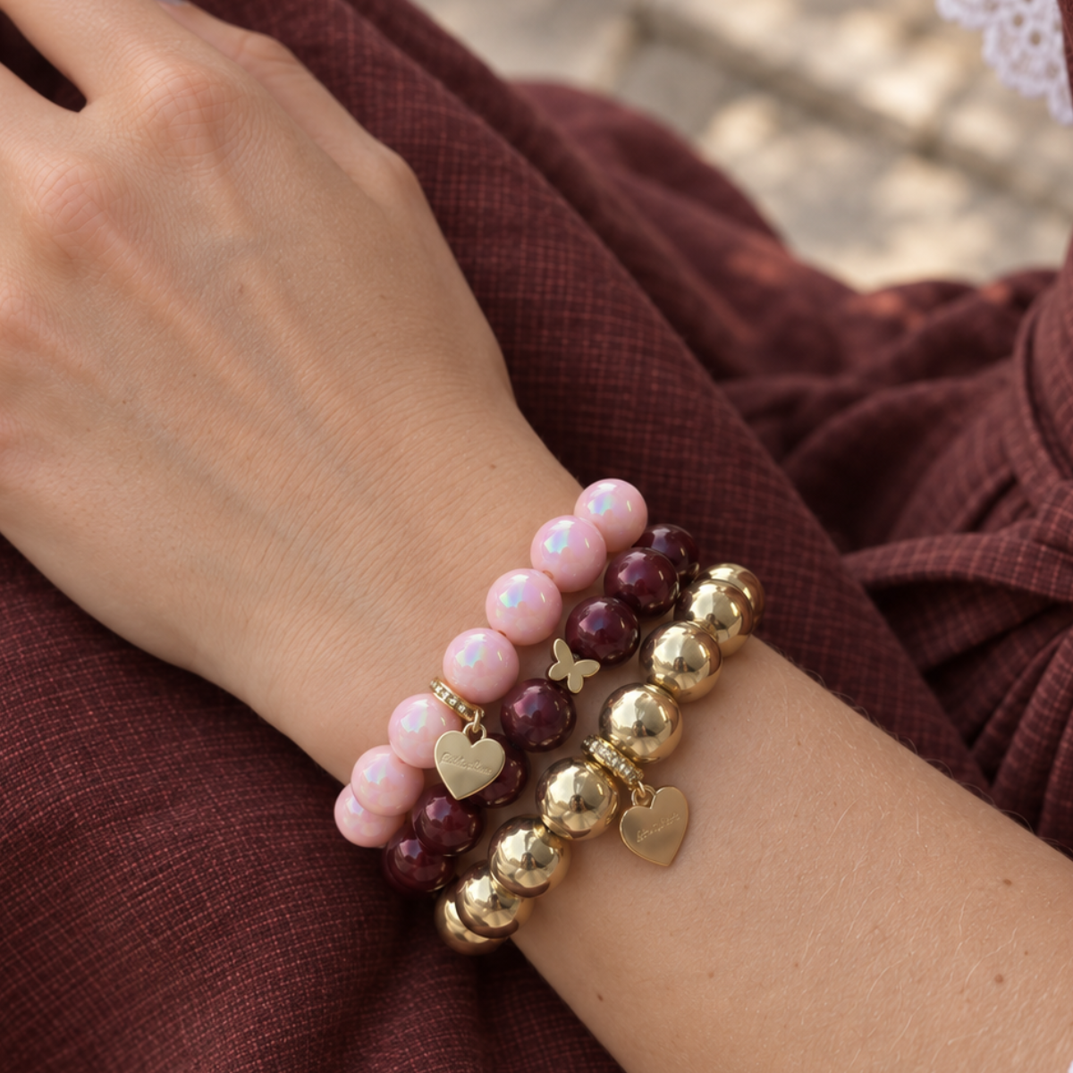 Statement-Armband-Set Weinrot mit Herz – Trachtenliebe – 3-teilig, 10 & 12 mm