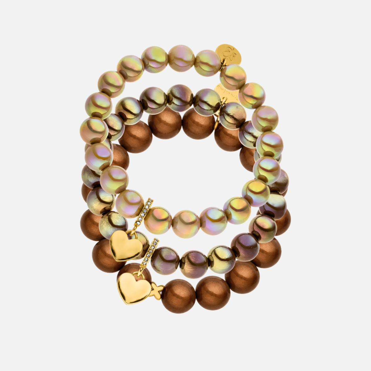 Statement-Armband-Set Braun mit Herzen – Trachtenliebe – 3-teilig, 10 & 12 mm