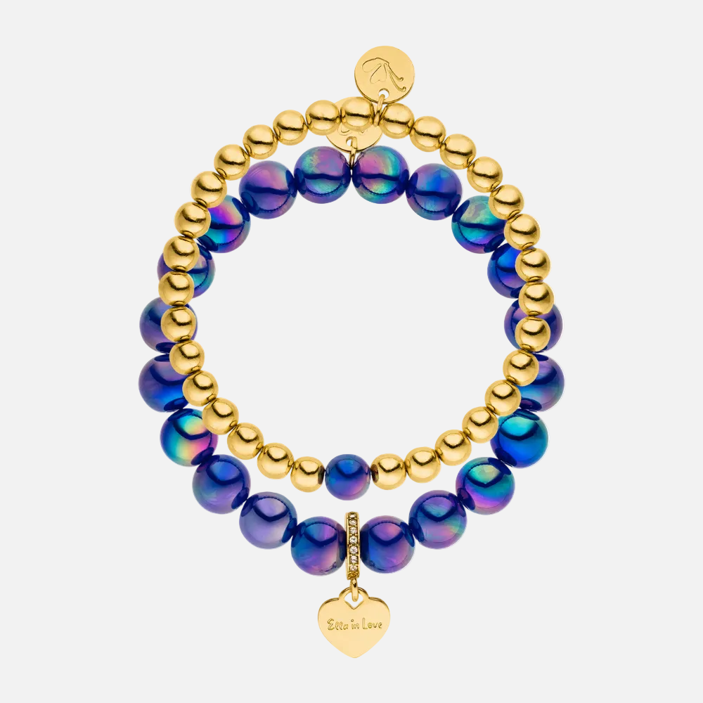 Perlenarmband Set 14K Vergoldet Dunkelblau mit 3D Intensiv Glow Effekt