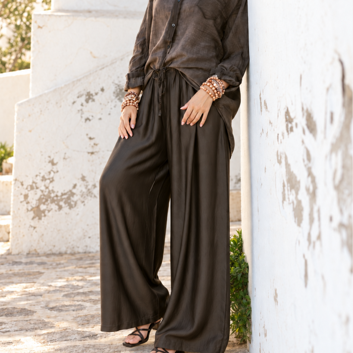 Damen-Seidenhose Schokobraun – weit geschnitten, One Size