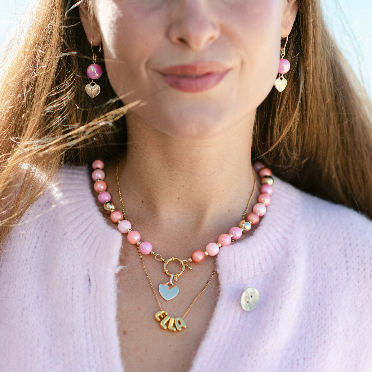 Perlenohrringe Vintage Rosa–Gold mit Herzanhänger