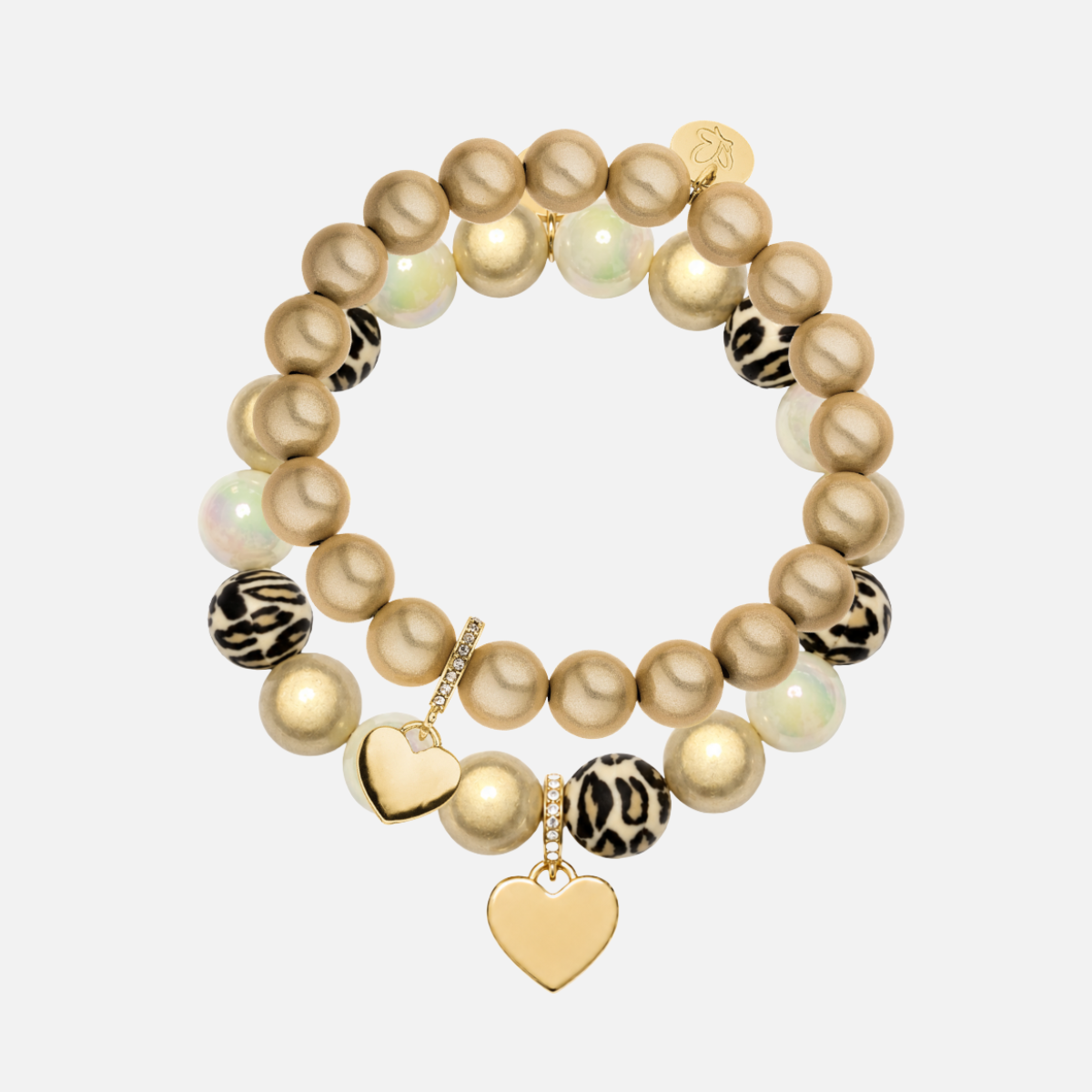 Perlenarmband-Set Champagner mit Herzanhängern – 3D Matt Glow 10 mm & Leo Perlenmix 12 mm