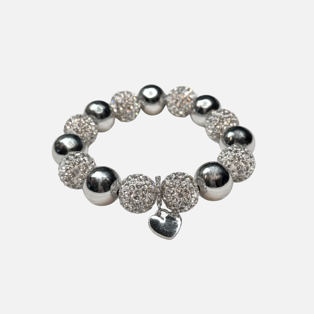 Glitzer Perlenarmband mit Herzanhänger – Silber Statement