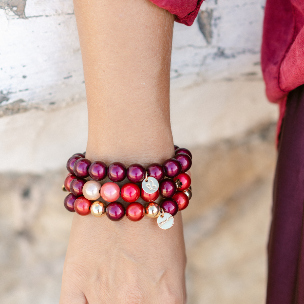 Perlenarmband-Set Weinrot, Multicolor & Rot–Gold – 3D Matt Glow 12 mm
