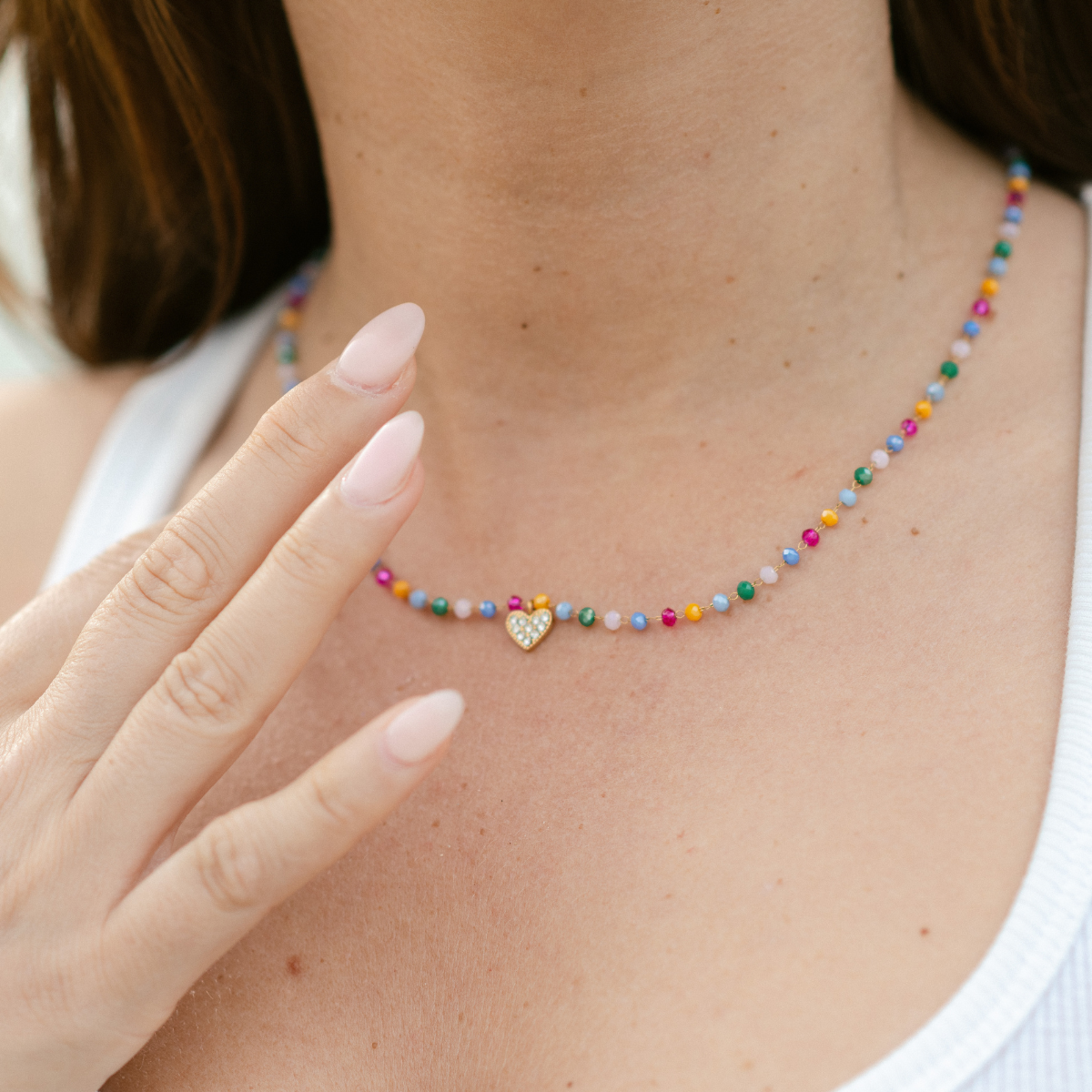 Perlenhalskette Multicolor mit Herz | Wasserfest