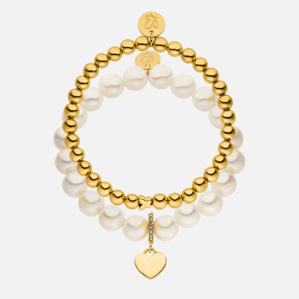 Perlenarmband Set 14K Vergoldet Weiß mit 3D Intensiv Glow Effekt