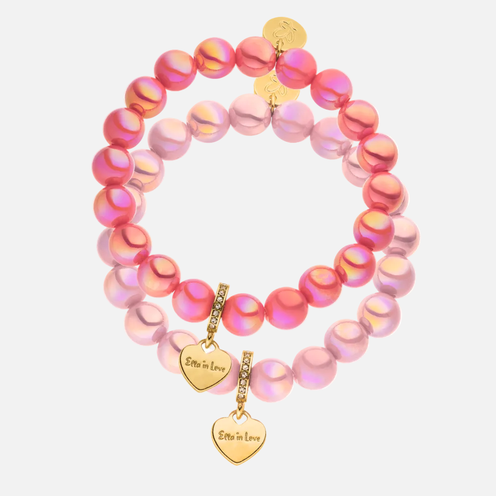 Perlenarmband Set mit Herzanhänger Rosa Duo mit 3D Intensiv Glow Effekt