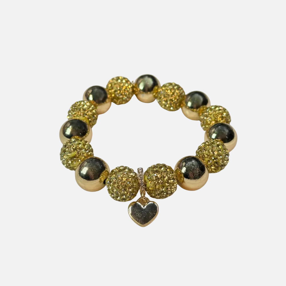 Glitzer Perlenarmband mit Herzanhänger – Gold Statement