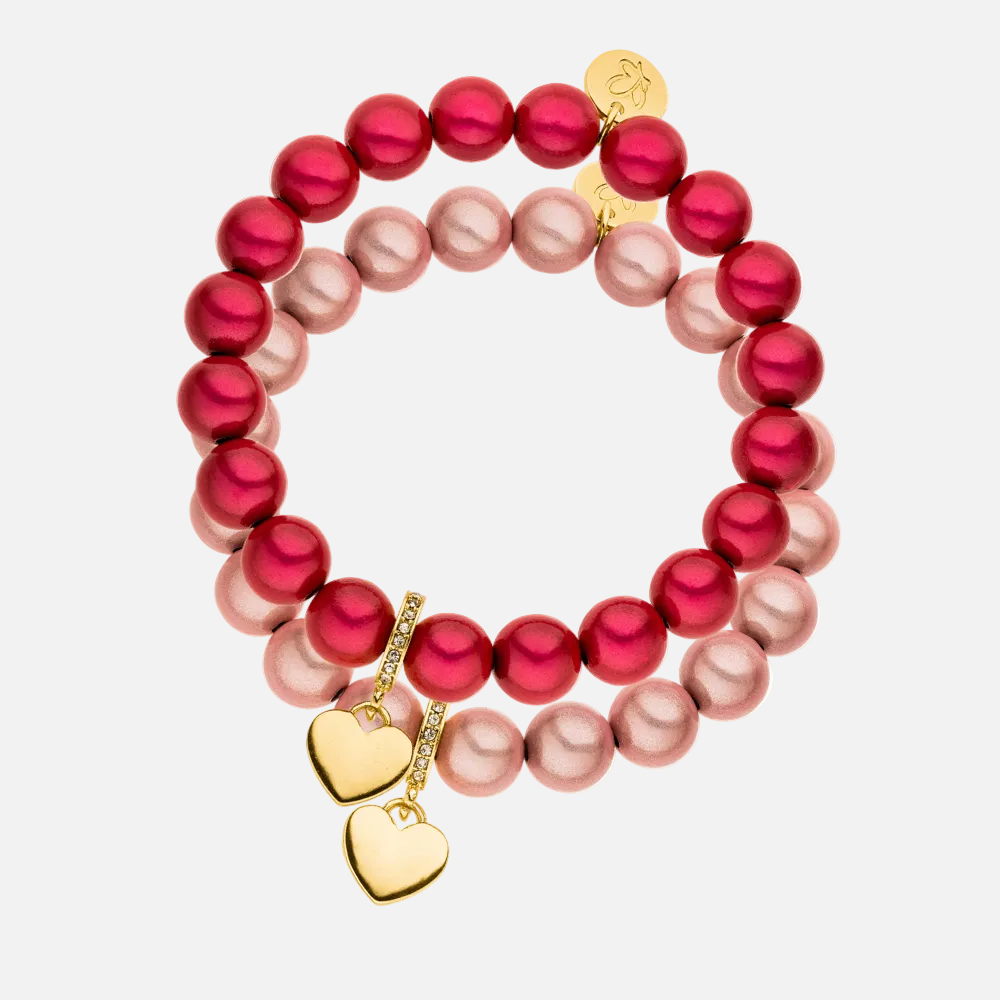 Perlenarmband Set mit Herzanhänger Pink Duo mit 3D Matt Glow Effekt