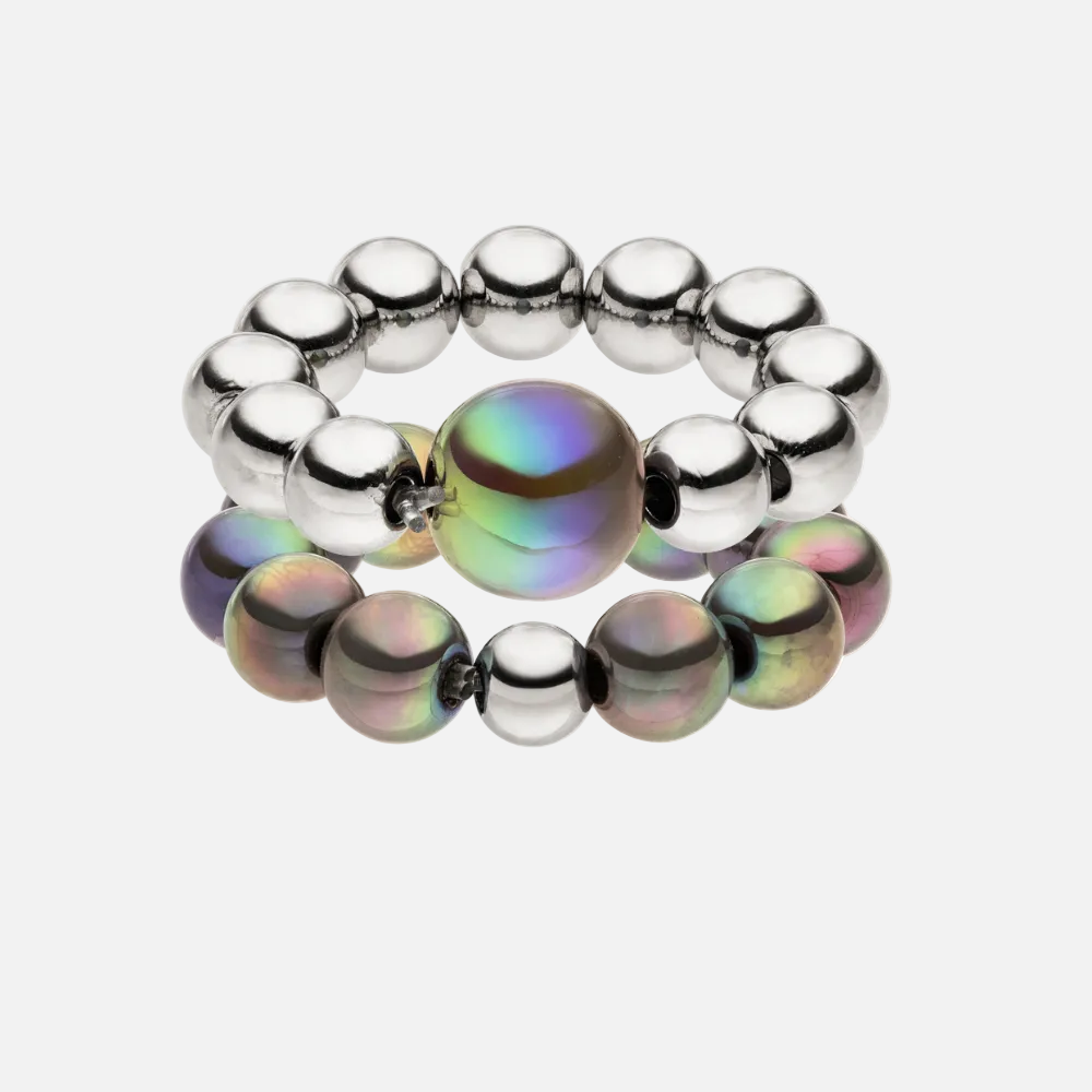 Perlenring Set 14K Versilbert Dunkelgrau mit 3D Intensiv Glow Effekt