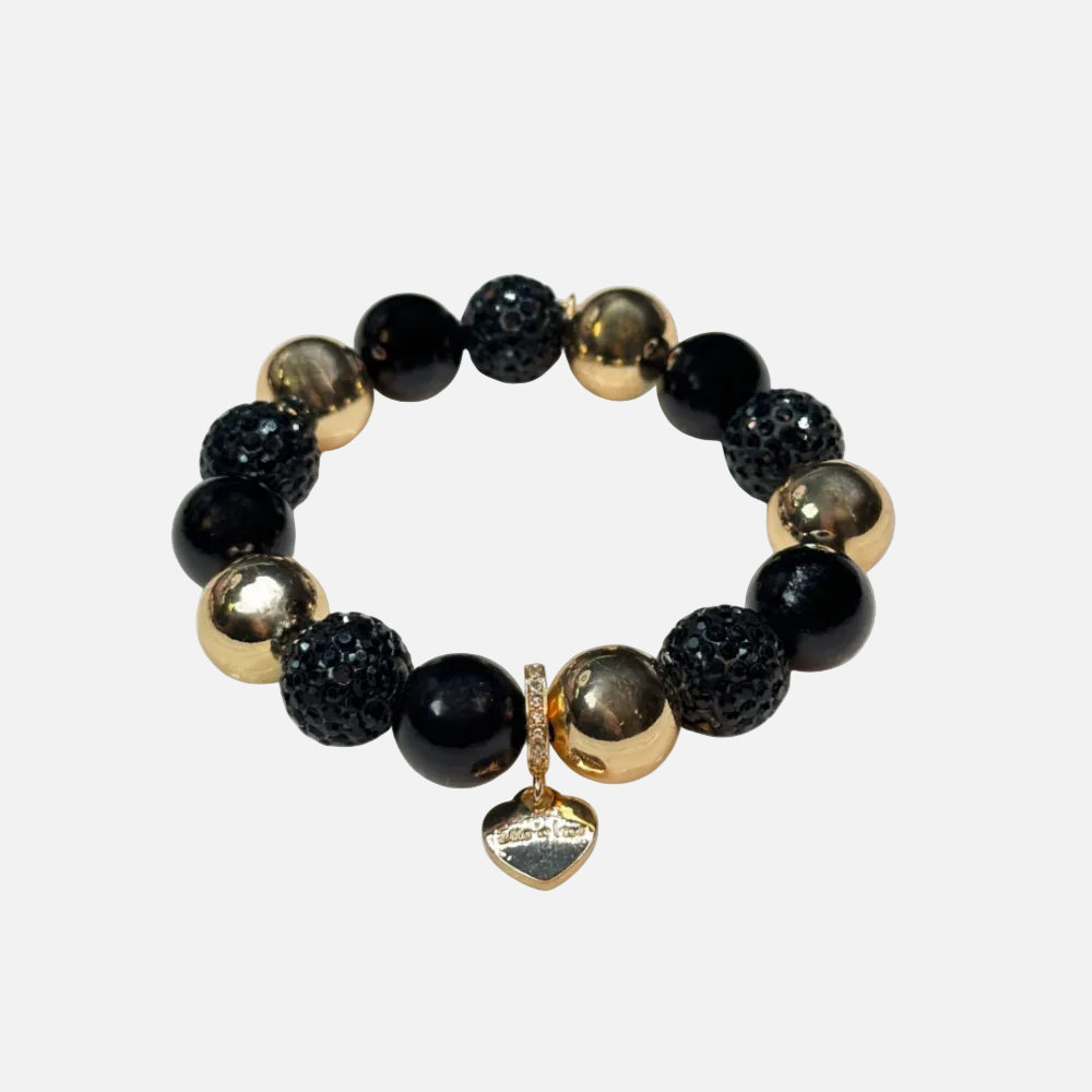 Glitzer Perlenarmband mit Herzanhänger – Schwarz Gold Statement