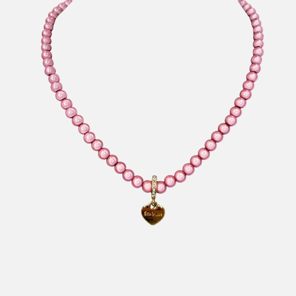 Perlenhalskette mit Herzanhänger Fine Rosa mit 3D Matt Glow Effekt