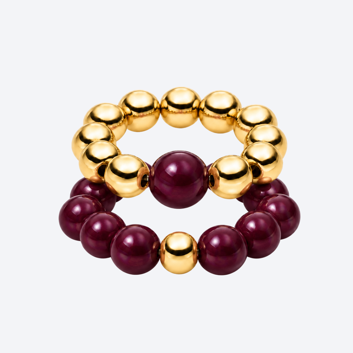 Perlenring-Set Weinrot–Gold – elastisch & 14K vergoldet
