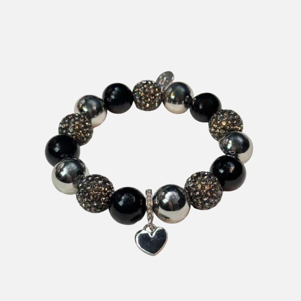 Glitzer Perlenarmband mit Herzanhänger – Schwarz Silber Statement