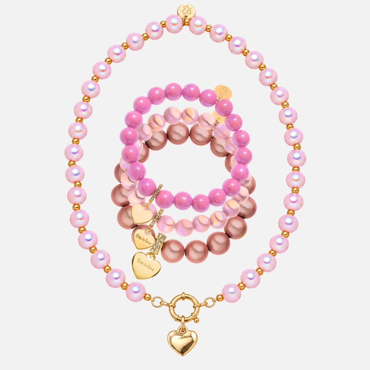Deluxe-Schmuckset Rosa mit Herzen – Trachtenliebe – 3 Armbänder & Halskette