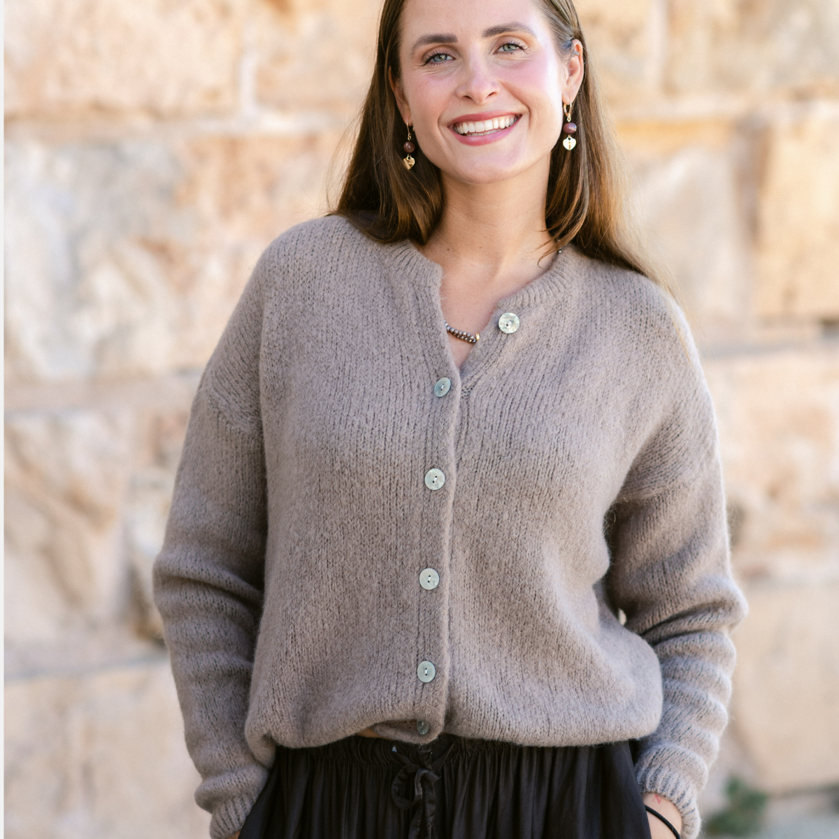 Damen-Strickjacke Taupe aus Mohair-Wollmix – One Size