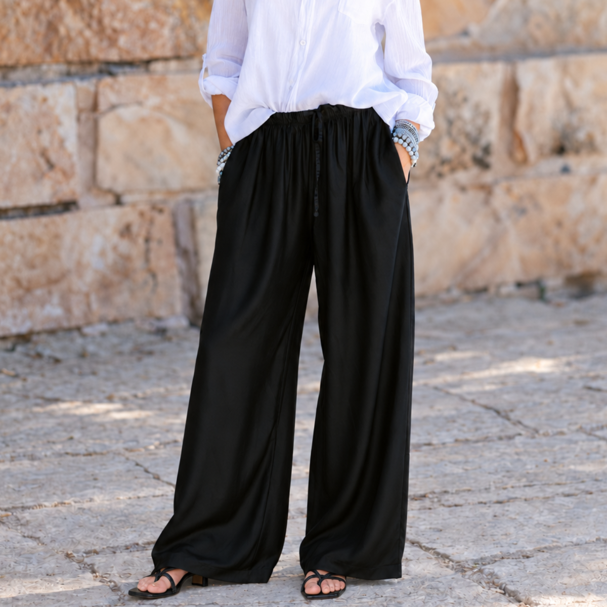Damen-Seidenhose Schwarz – weit geschnitten, One Size