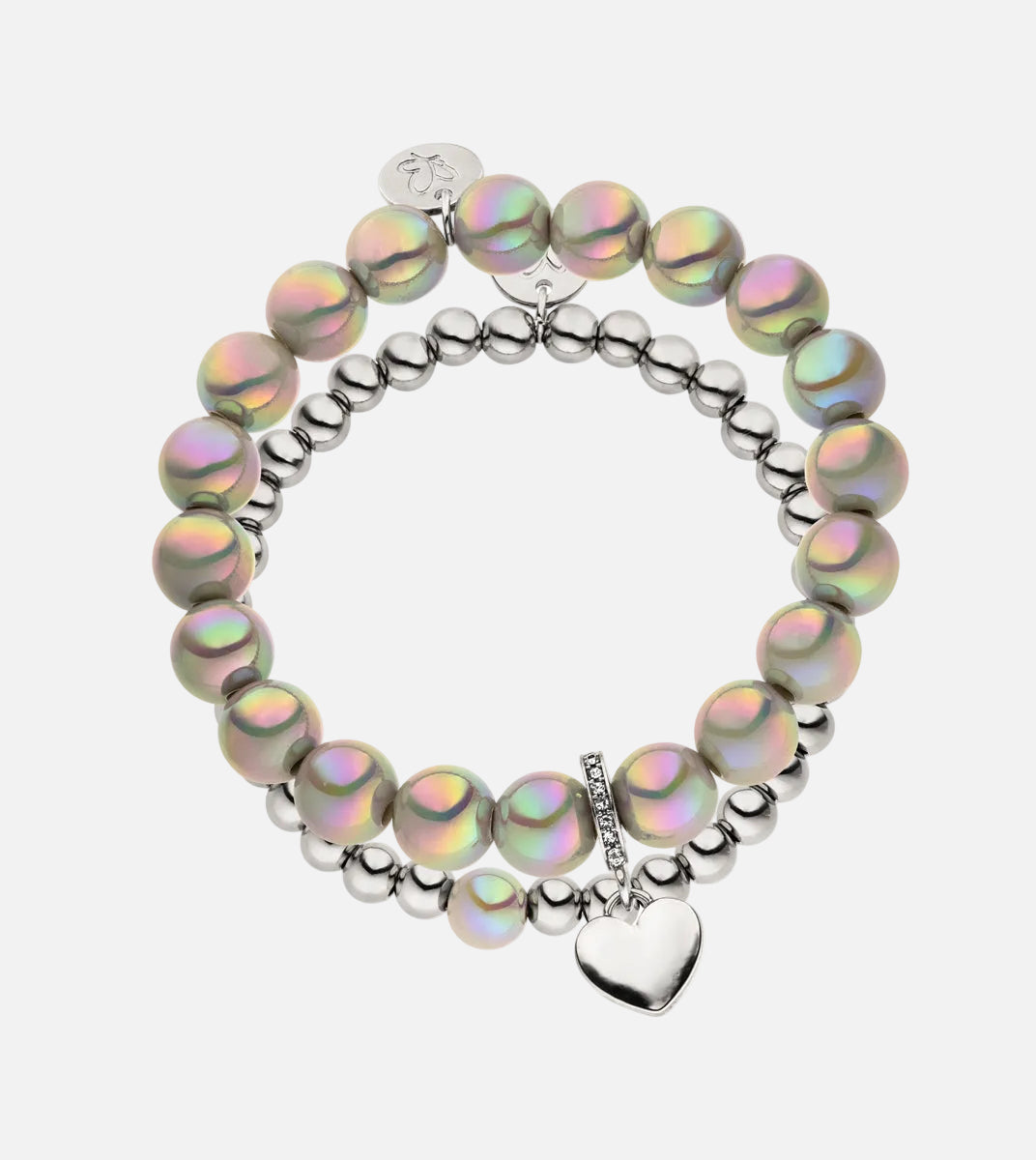 Perlenarmband Set mit Herzanhänger Hellgrau - 3D Intensiv Glow Effekt & Versilbert