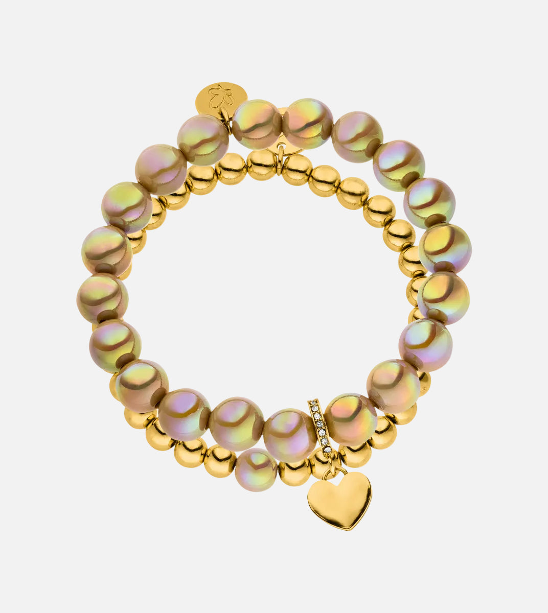 Perlenarmband Set mit Herzanhänger Hellbraun - 3D Intensiv Glow Effekt & 14K Vergoldet