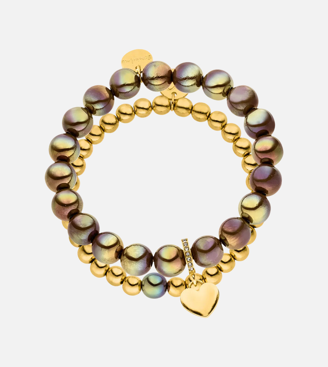 Perlenarmband Set mit Herzanhänger Dunkelbraun- 3D Intensiv Glow Effekt & 14K Vergoldet