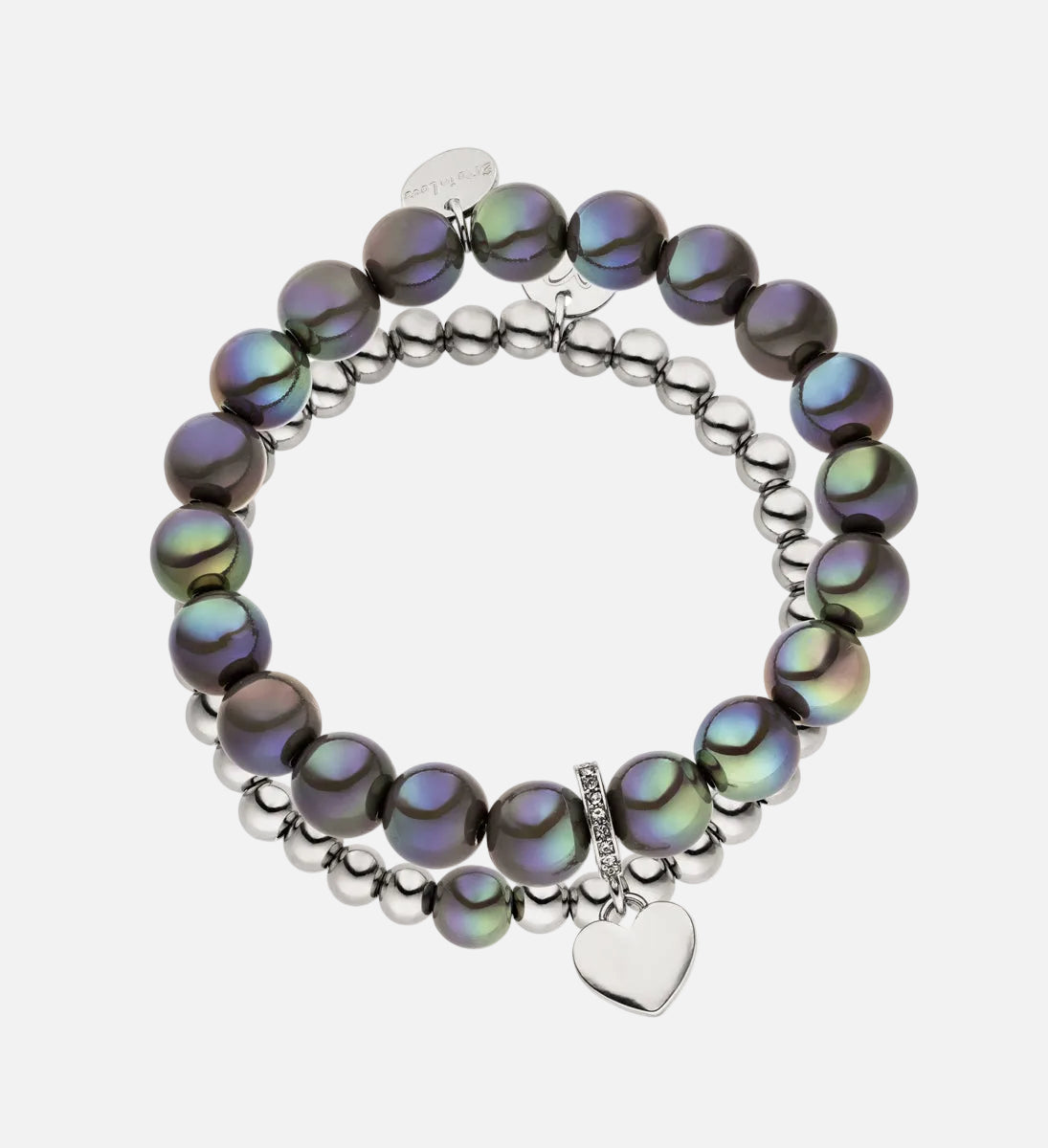Perlenarmband Set mit Herzanhänger Dunkelgrau - 3D Intensiv Glow Effekt & Versilbert