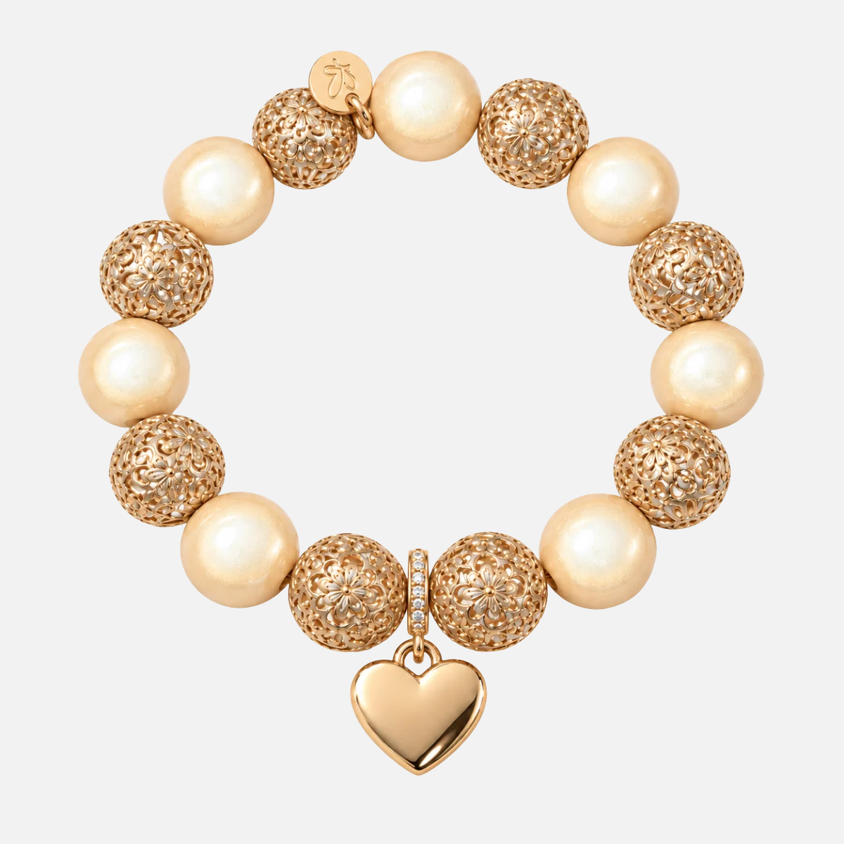Perlenarmband Statement Champagner mit Ornamentperlen & Herzanhänger – Perlenmix 14mm