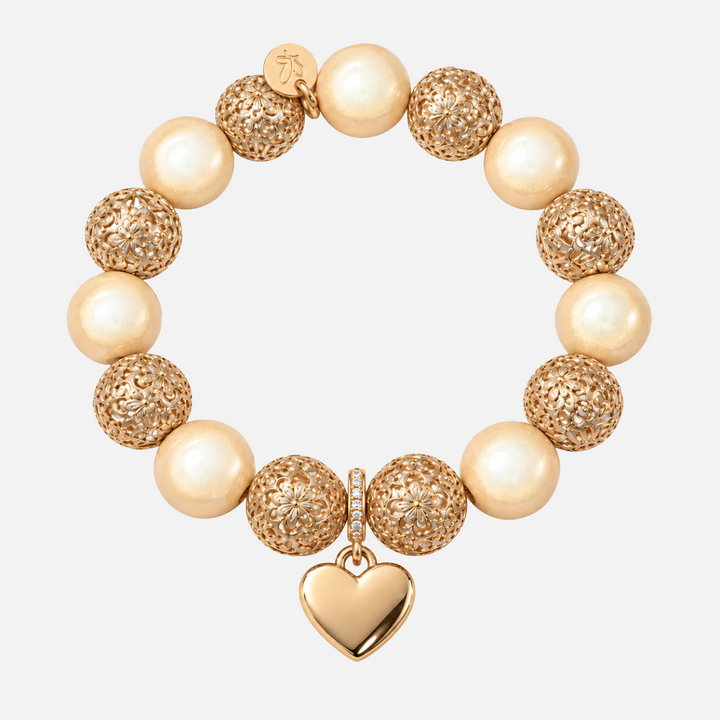 Perlenarmband Statement Champagner mit Ornamentperlen & Herzanhänger – Perlenmix 14mm