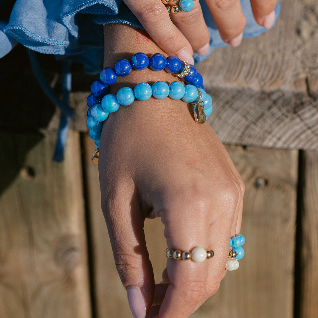Perlenarmband Set mit Herzanhänger Blau Duo mit 3D Intensiv Glow Effekt