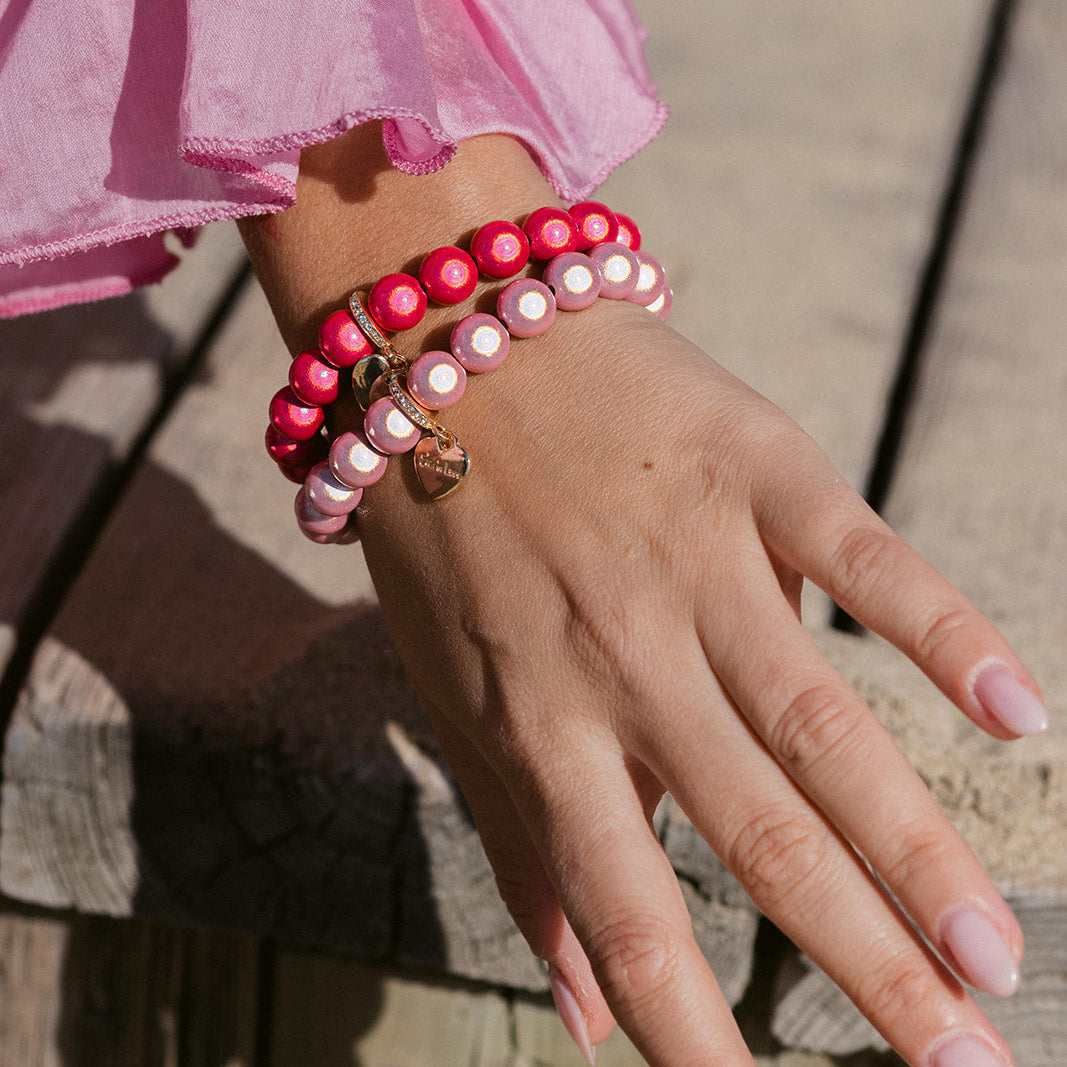 Perlenarmband Set mit Herzanhänger Pink Duo mit 3D Matt Glow Effekt