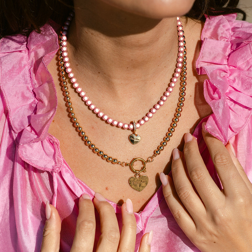 Perlenhalskette mit Herzanhänger Fine Rosa mit 3D Matt Glow Effekt