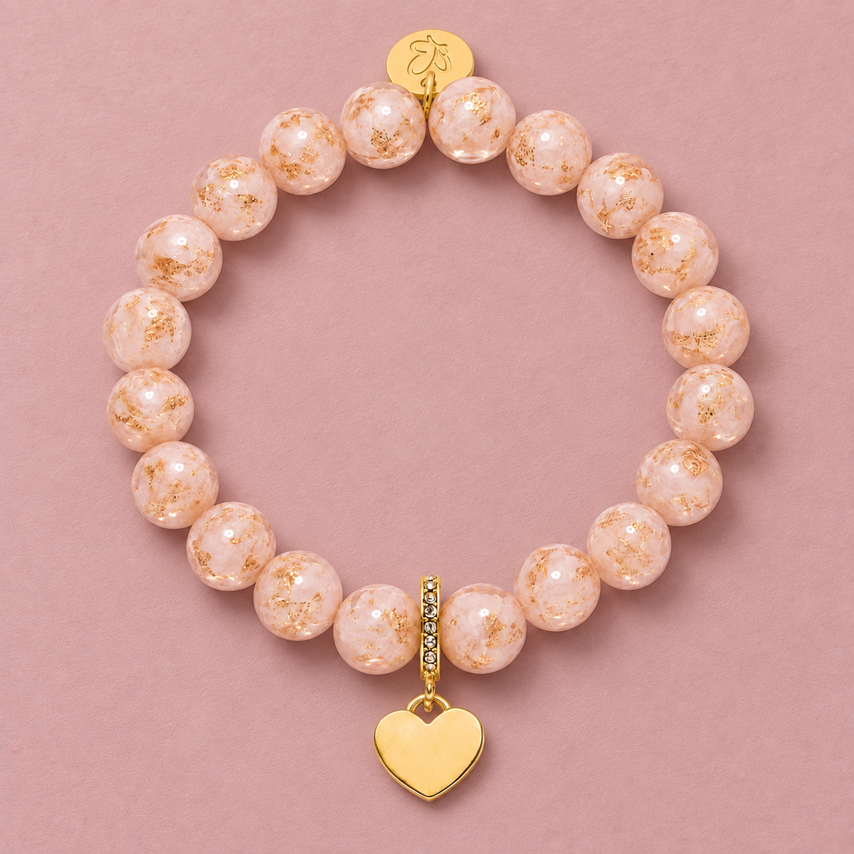 Porzellanperlenarmband Rosa mit Goldflocken & Herzanhänger 10mm