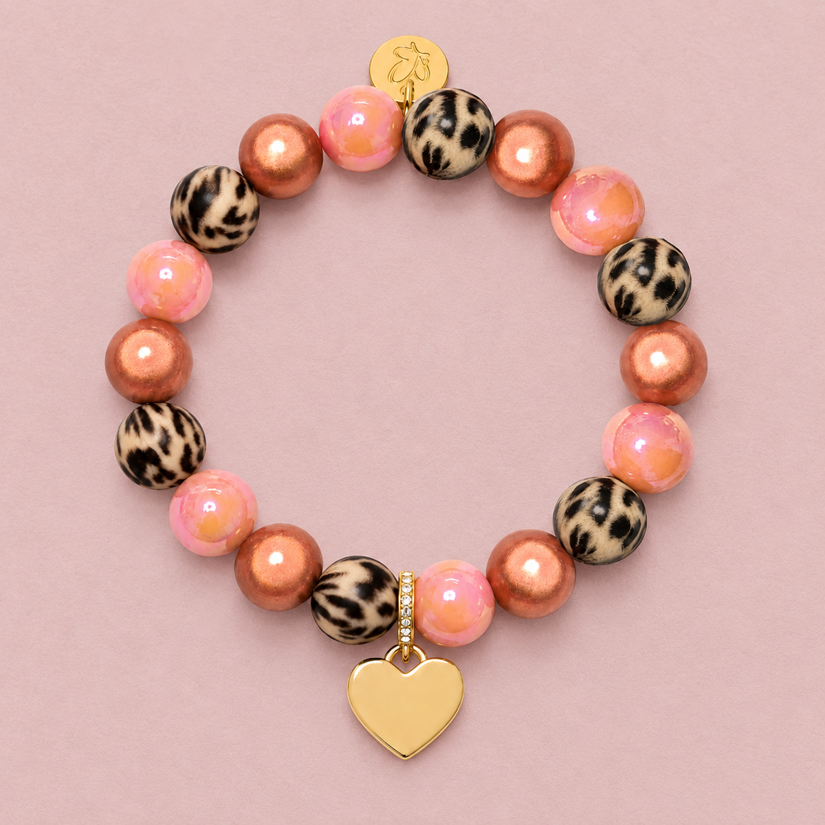 Perlenarmband Leo & Rosa mit Herzanhänger – Perlenmix 12mm