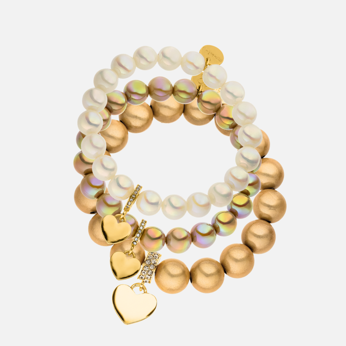 Statement-Armband-Set Champagner mit Herzen – Trachtenliebe – 3-teilig, 10 & 12 mm