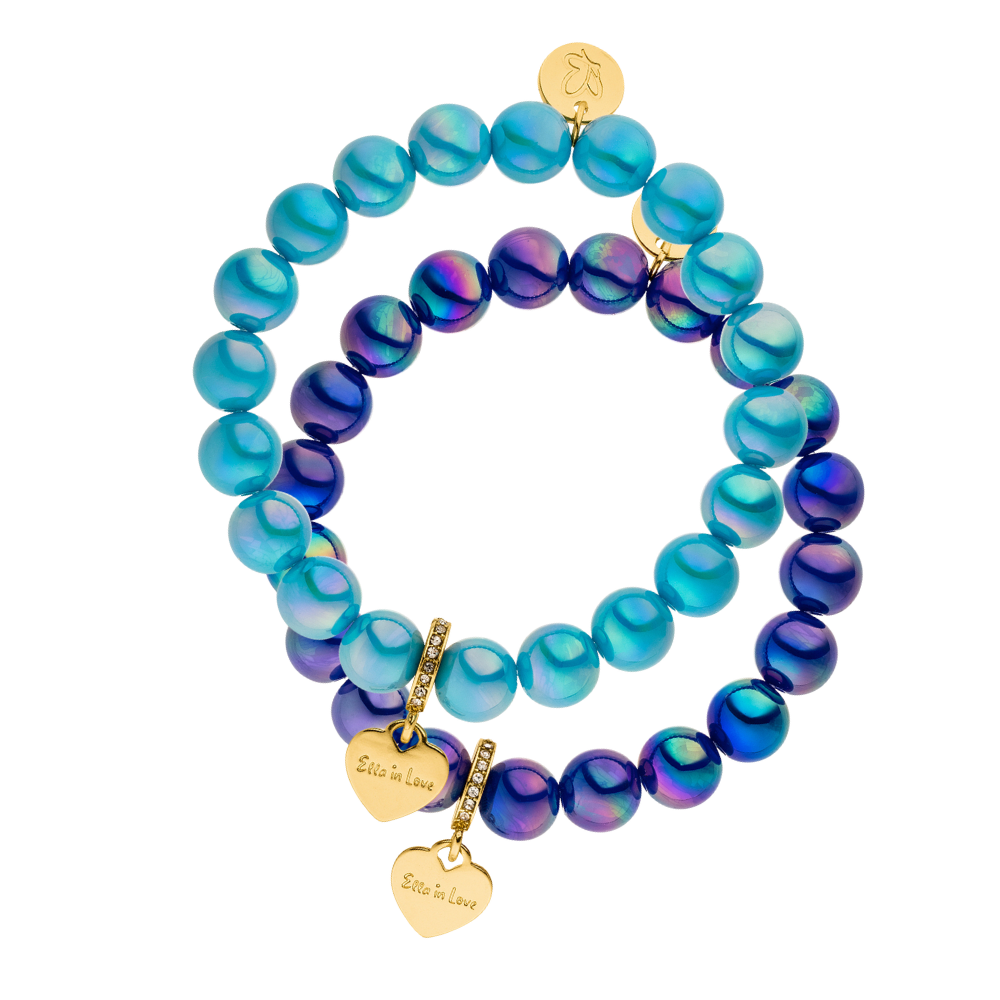 Perlenarmband Set mit Herzanhänger Blau Duo mit 3D Intensiv Glow Effekt