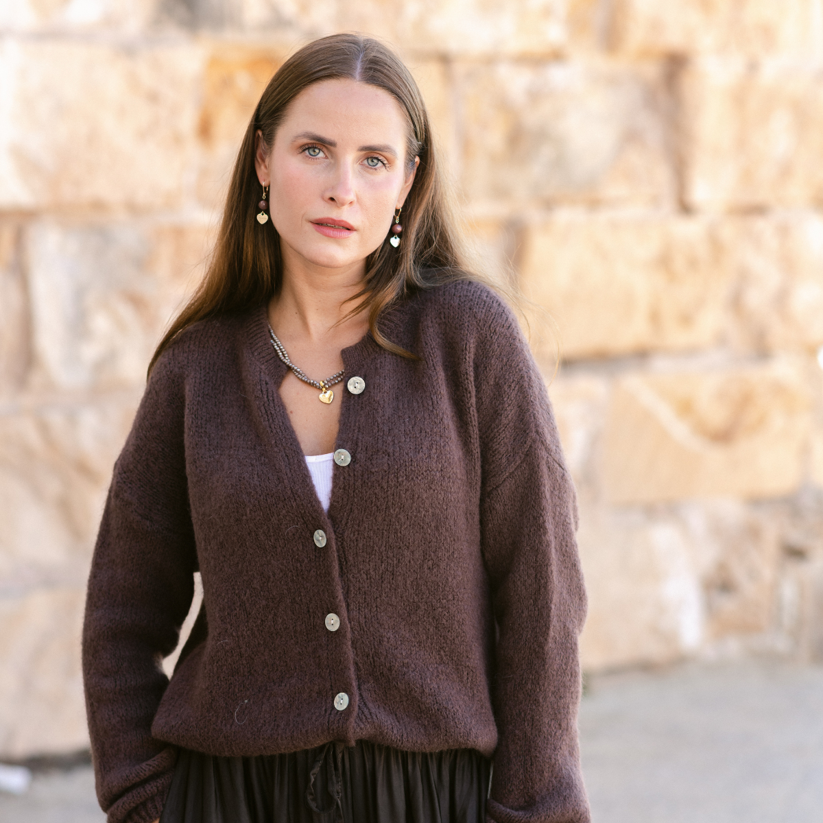 Damen-Strickjacke Schokobraun aus Mohair-Wollmix – One Size